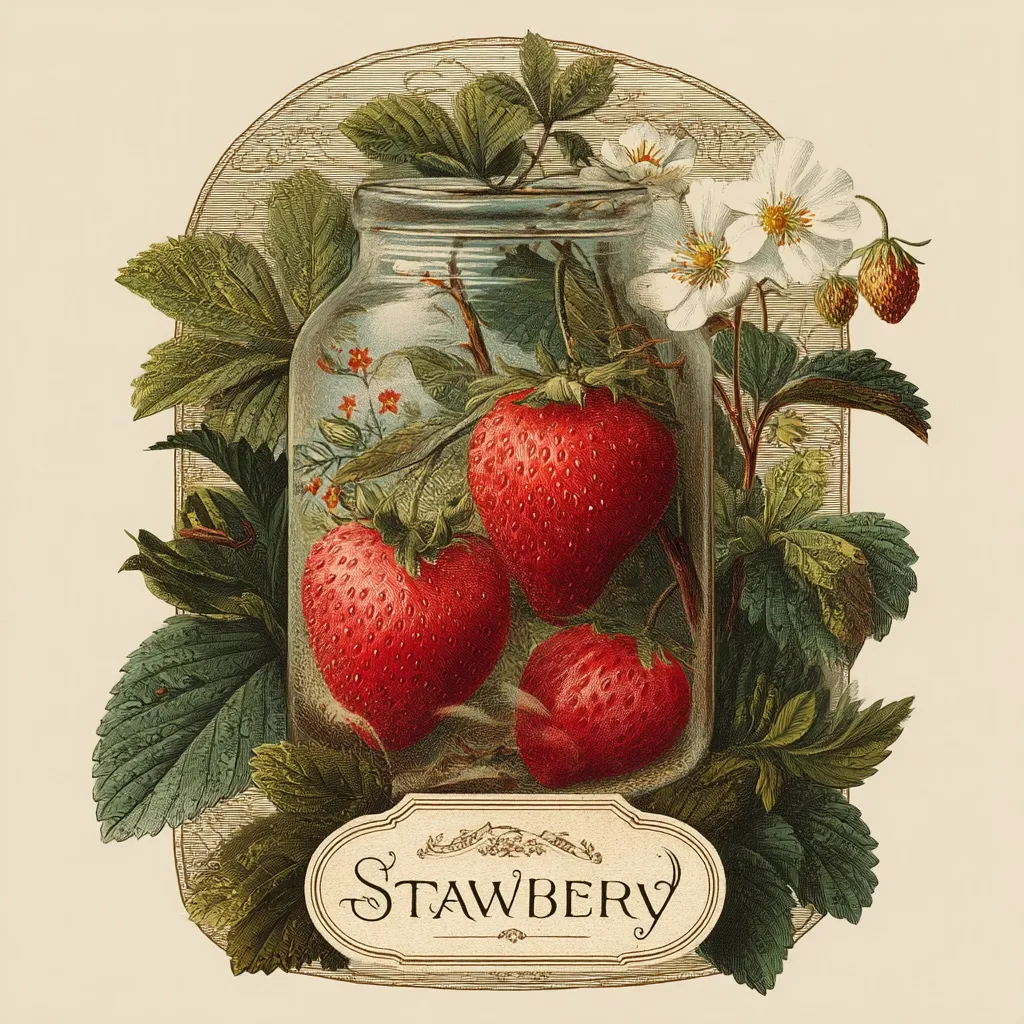 A vintage illustration showcases a glass jar filled with ripe strawberries, nestled amongst lush green leaves and delicate white blossoms.  The jar sits within an ornate frame, with the word "STAWBERY" elegantly displayed on a banner below. The image evokes a sense of rustic charm and the bounty of a summer harvest.