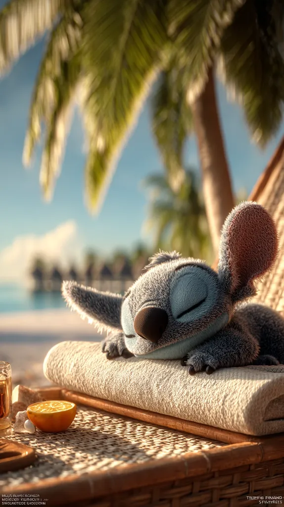 A plush Stitch from Lilo & Stitch naps peacefully on a beige beach towel resting on a wicker tray.  The scene is idyllic, with a tropical beach and palm trees in the background.  Sunlight casts shadows, enhancing the relaxing atmosphere.  A half-slice of orange sits on the tray nearby.  The overall image is calming and evokes feelings of vacation and tranquility.