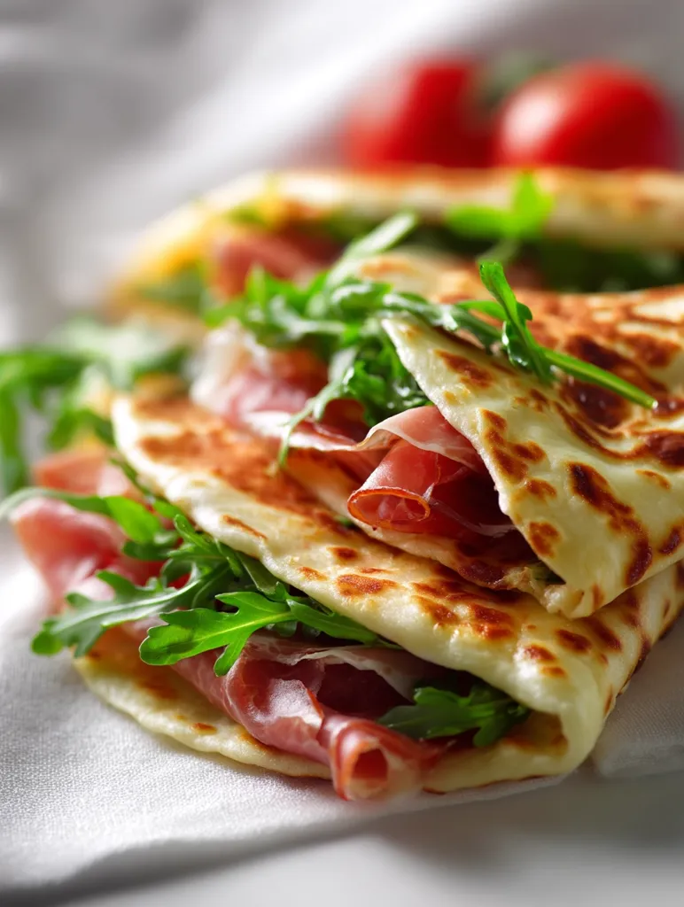 A close-up shot showcases two piadinas, thin Italian flatbreads, layered with prosciutto and arugula.  The warm, slightly browned piadinas are folded, revealing the vibrant green arugula and the rich pink prosciutto.  Blurred cherry tomatoes in the background suggest a fresh, simple, and delicious meal.