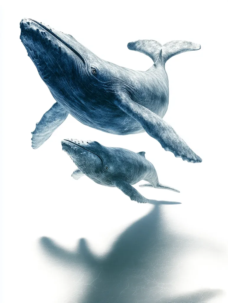 A mother humpback whale and her calf gracefully swim against a bright white background.  The whales are depicted in shades of blue, their bodies sleek and powerful. The calf swims below its mother, creating a heartwarming scene.  Their shadows are cast on the surface below, adding depth and contrast to the image. The overall composition is serene and emphasizes the beauty of these magnificent creatures.