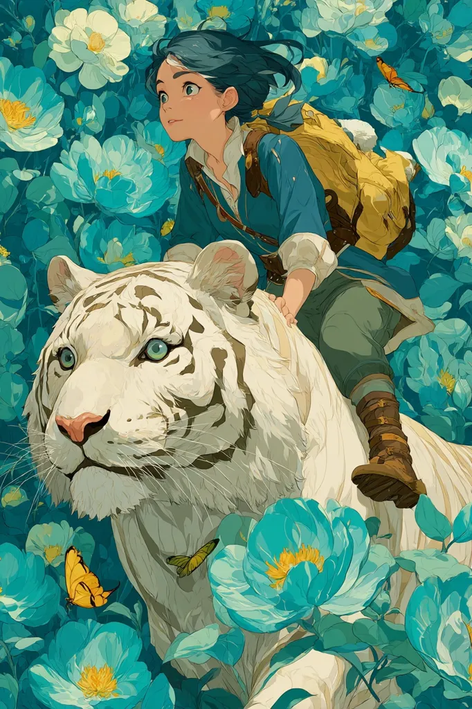 A young girl with dark hair and a backpack rides a majestic white tiger through a field of vibrant teal peonies.  Butterflies flutter amidst the blossoms.  The girl's attire suggests a journey, and the scene evokes a sense of fantasy and wonder. The style is reminiscent of anime or manga art, with soft lines and a dreamy color palette.