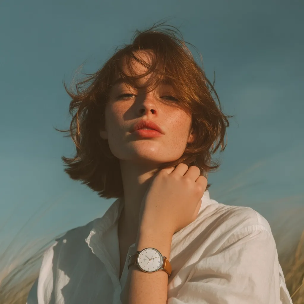 A young woman with short, reddish-brown hair and freckles gazes directly at the camera.  She's wearing a loose, white shirt and a simple, round-faced wristwatch with a tan leather band.  The sun illuminates her face, creating a warm, nostalgic tone against a clear blue sky.  Her hand gently rests on her neck.