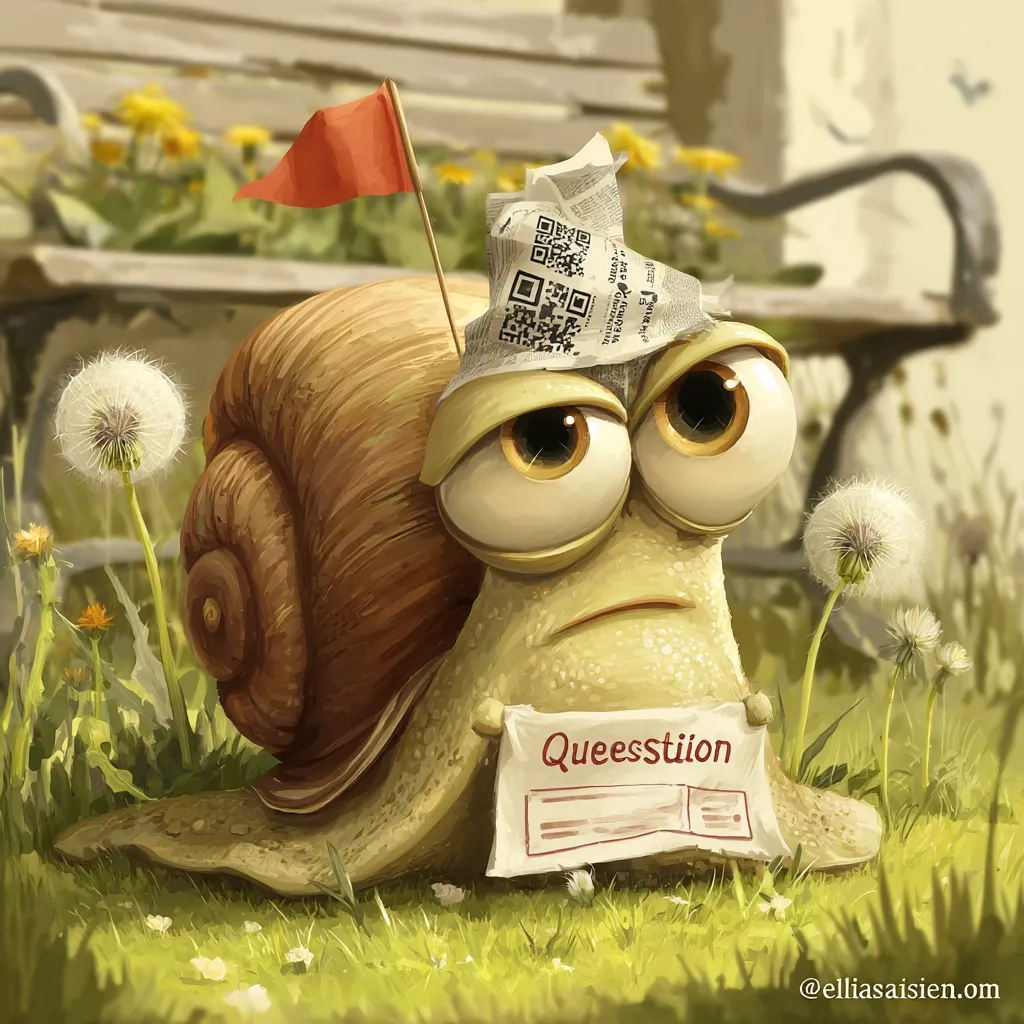 A whimsical illustration of a snail with large, expressive eyes.  Wearing a crumpled newspaper as a hat and a small flag on its shell, it holds a sign reading "Queeesstion." The snail sits in a grassy area near dandelions, presenting a humorous and slightly melancholic scene.  The artwork is detailed, with soft lighting and a focus on the snail's character.