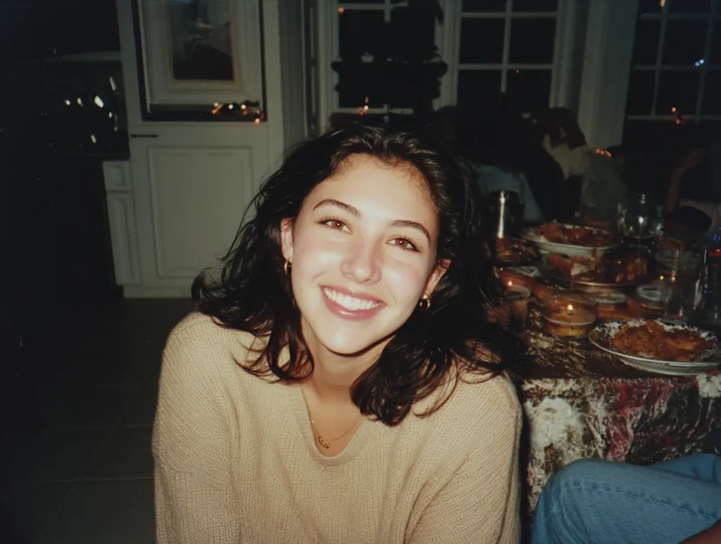 A young woman with dark hair and a warm smile sits at a table laden with food.  She wears a tan sweater and gold hoop earrings. The background is blurry, suggesting a dimly lit room with a festive atmosphere and other people present. The image has a nostalgic, possibly vintage, quality.  The focus is on the woman's friendly expression.