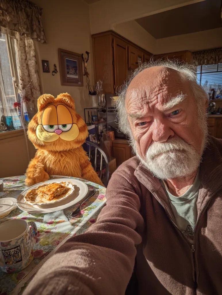 A selfie shows an elderly man with a long white beard seated at a table.  Beside him sits a large Garfield plush toy.  A plate of food, possibly baklava, sits on the table between them.  The setting appears to be a kitchen, bathed in warm, sunlight. The man is wearing a brown sweater.  The overall mood is calm and slightly humorous.