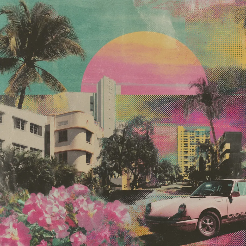 A vibrant, stylized collage depicts a pastel-hued Miami-esque streetscape.  Palm trees frame a large, sunset-colored circle, overlaying Art Deco-style buildings.  A pink classic sports car sits in the foreground, amidst blooming pink flowers.  The overall effect is a nostalgic, dreamy, and slightly surreal representation of a tropical city.