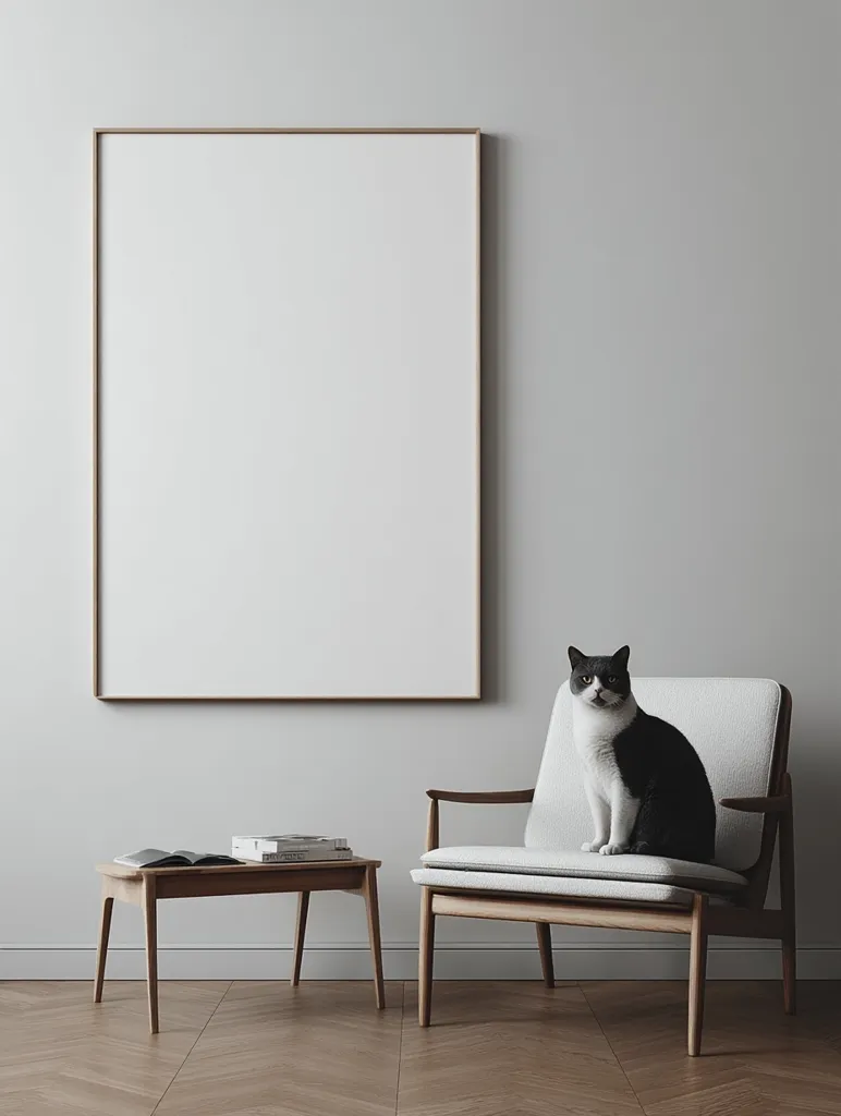 A minimalist interior features a large, blank canvas in a light wood frame hanging on a light grey wall.  Below it, a light-colored armchair with a tuxedo cat sitting on the seat is positioned next to a small wooden side table holding a book and magazine. The room is characterized by its clean lines and muted tones, creating a serene and stylish atmosphere.  The herringbone wooden floor adds warmth.