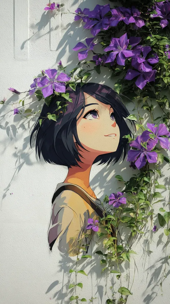 A vibrant mural depicts an anime-style girl with short dark hair, gazing upward with a serene expression.  She's partially obscured by a lush, climbing vine of vibrant purple clematis flowers, creating a harmonious blend of animation and nature. The artwork is painted on a light-colored wall, with shadows adding depth to the scene.  The overall aesthetic is peaceful and dreamy.