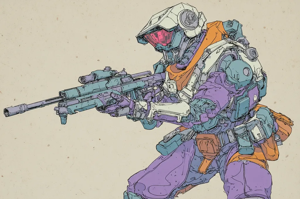 A stylized illustration depicts a futuristic soldier, clad in a high-tech suit featuring a white helmet with a pink visor and purple and orange accents.  The soldier is aiming a futuristic rifle, its design mirroring the intricate details of the armor. The artwork utilizes a muted color palette, with pastel shades dominating the image, creating a unique aesthetic.  The background is a simple, textured beige.