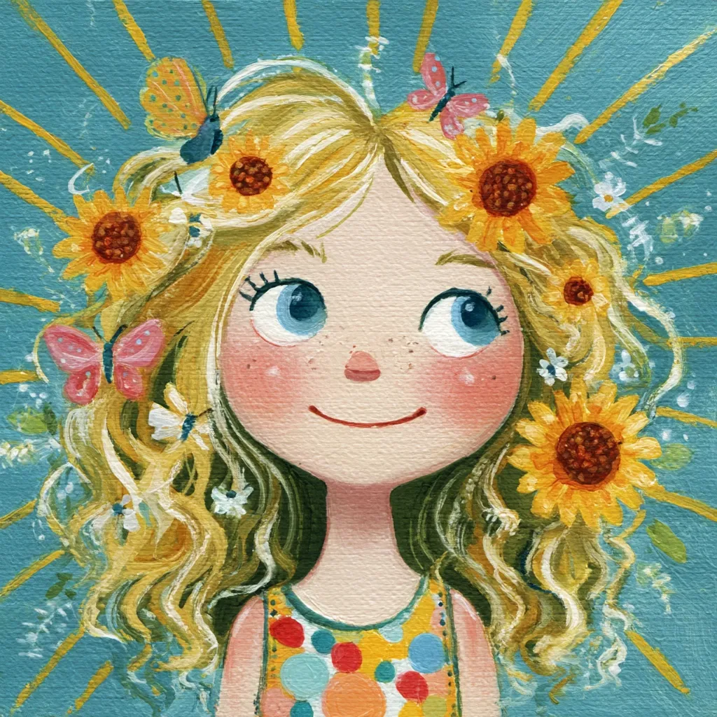 A cheerful girl with long, blonde, curly hair adorned with sunflowers and butterflies.  Her bright blue eyes and freckled cheeks radiate happiness.  The background features a sunny, turquoise sky with radiating light, creating a whimsical, summery atmosphere.  She wears a colorful polka-dot dress, completing the joyful, childlike charm of the illustration.