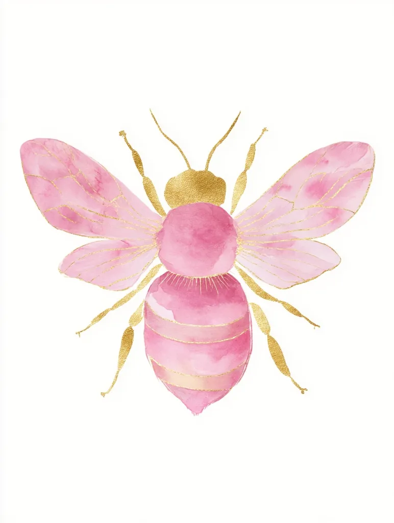 A watercolor painting depicts a stylized bee in shades of pink and gold.  The bee's body is a soft pink with gold accents outlining its segments. Its wings are delicate pink, also edged with gold. The image is elegant and whimsical, ideal for decorative purposes.  The background is pure white, making the bee the clear focal point.