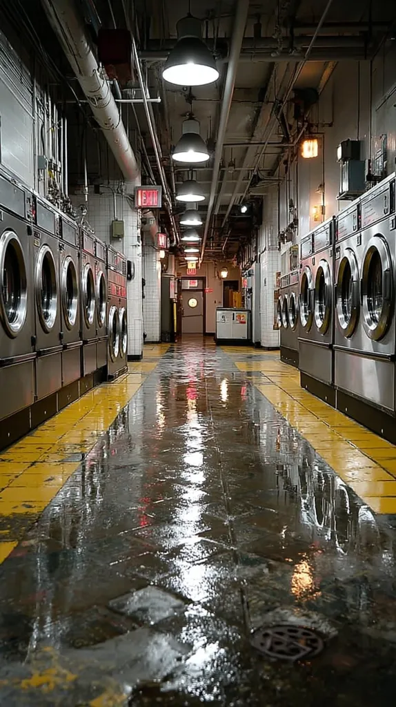 A long, dimly lit hallway in a commercial laundry facility is lined with rows of large, industrial washing machines.  The wet floor reflects the overhead lights and the machines, creating a mirrored effect.  Yellow lines mark the floor, and exposed pipes and ductwork run along the ceiling.  The atmosphere is stark and somewhat industrial.