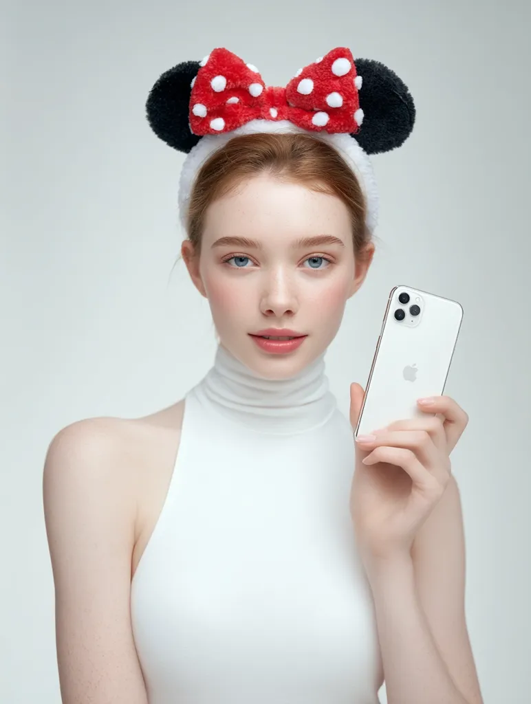 A young woman with fair skin and red hair wears a Minnie Mouse-inspired headband.  She's dressed in a white turtleneck top and holds a white iPhone, showcasing a clean and minimalist aesthetic. Her expression is serene and her pose is elegant, creating a stylish and sophisticated image.
