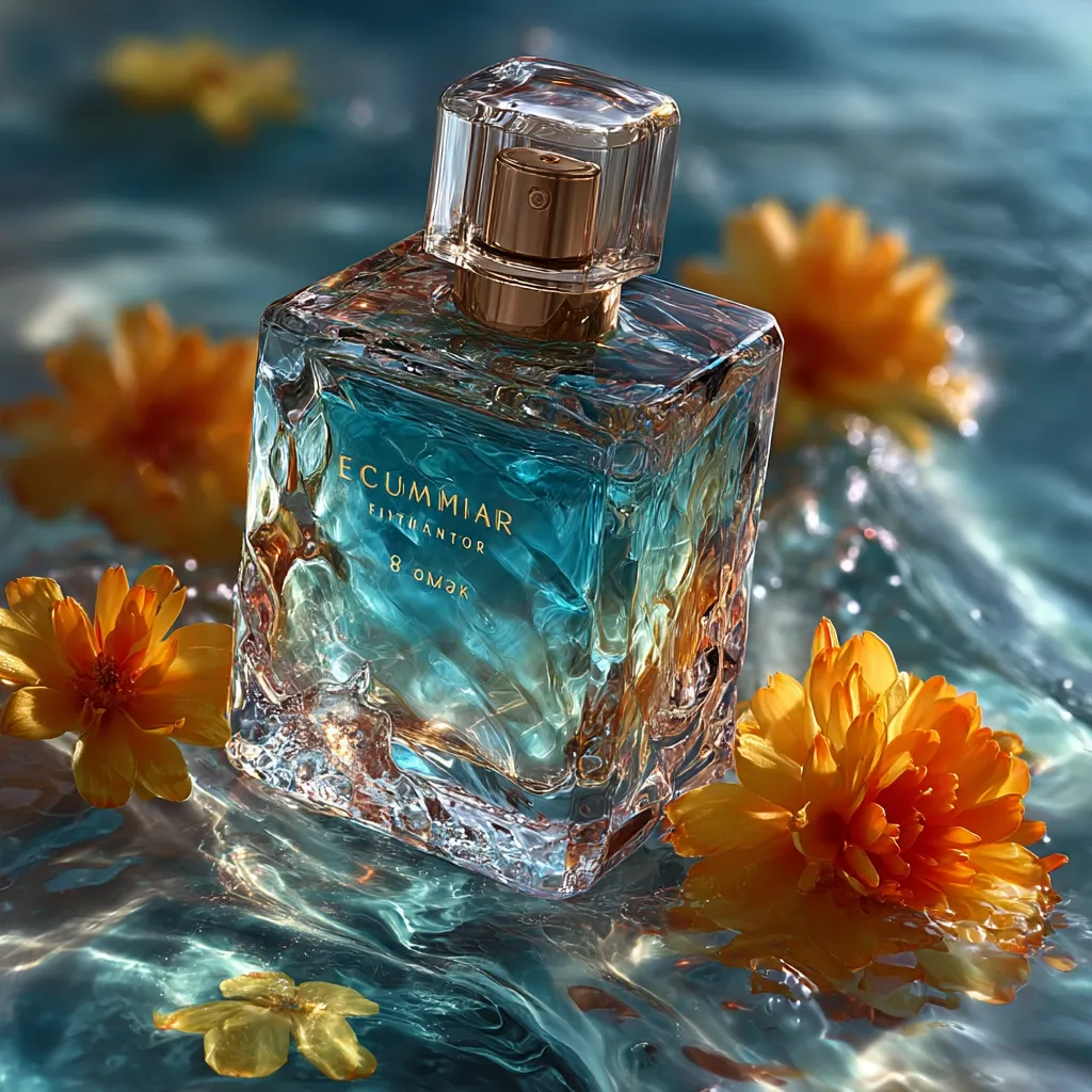 A bottle of Ecummiar Fijtuantor perfume rests in turquoise water, surrounded by vibrant orange flowers. The bottle's design is angular and textured, with a golden cap and a teal liquid inside.  Sunlight reflects on the water's surface, creating a shimmering effect.  The overall image evokes a sense of luxury and tranquility.