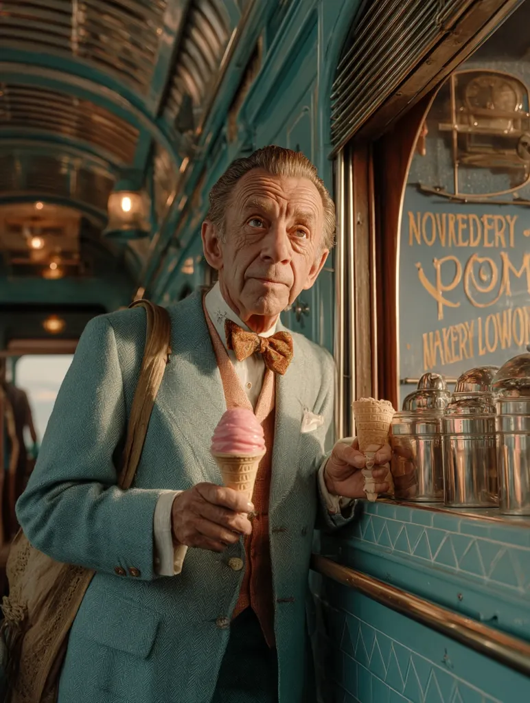 An elderly gentleman in a teal suit and bow tie stands on a vintage train, holding two ice cream cones.  He gazes thoughtfully towards a shop counter displaying various containers, with a sign indicating "Novredery Pom" and "Makery Lowon" visible.  The train's interior is richly detailed, reflecting a nostalgic and whimsical atmosphere.  The scene suggests a moment of quiet contemplation within a fantastical journey.