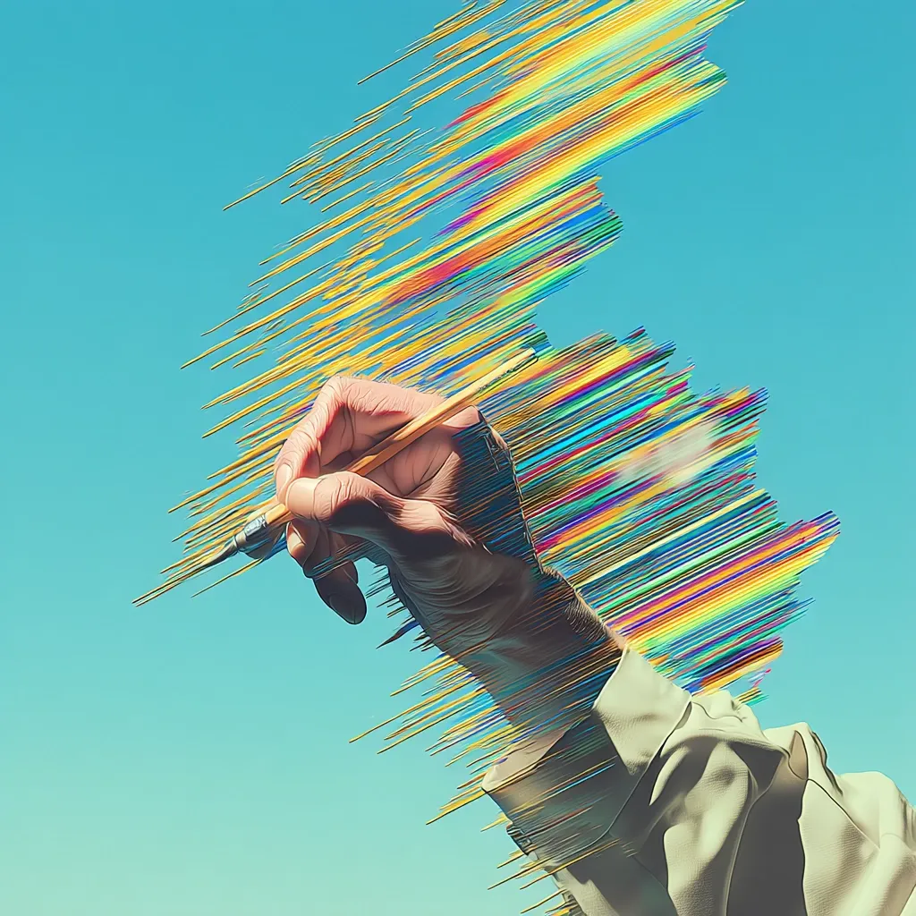 A hand, seemingly aged, delicately holds a paintbrush, creating streaks of vibrant, multicolored lines against a clear, azure sky. The dynamic brushstrokes suggest motion and energy, transforming into a visually striking abstract form. The artist's hand and arm, partially obscured by the colorful trails, become part of the artwork itself.  The image conveys a sense of creation and the transformative power of art.