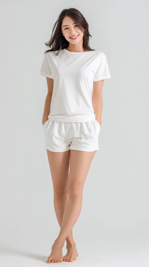 A young woman with long dark hair smiles gently. She wears a simple white short-sleeved t-shirt and matching shorts. Her pose is relaxed and casual, hands in pockets, against a light gray background.  The overall impression is one of effortless style and comfort.