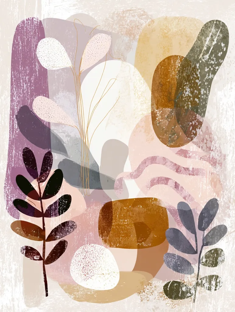An abstract artwork featuring stylized floral elements and organic shapes in muted earth tones.  Pale pinks, purples, browns, and grays create a soft, textured background.  The composition incorporates both delicate floral motifs and bolder, textured shapes, suggesting a blend of softness and strength.  The overall style is contemporary and calming.