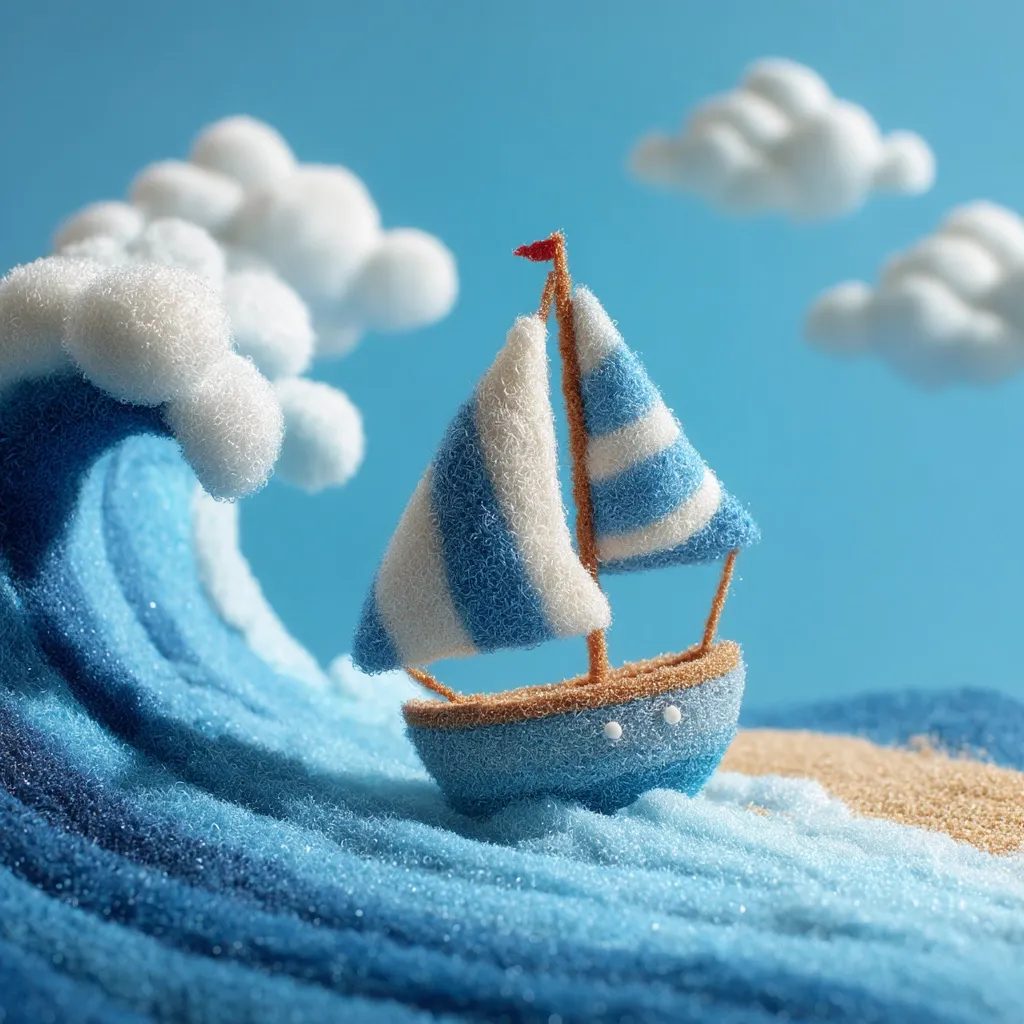 A charming miniature sailboat, crafted from blue and white textured material, navigates a stylized ocean wave.  The wave, also textured, is depicted in shades of blue, contrasting with fluffy white clouds in a bright blue sky.  A small sandy beach is visible in the foreground, creating a whimsical seascape. The scene evokes a sense of carefree adventure and summer fun.