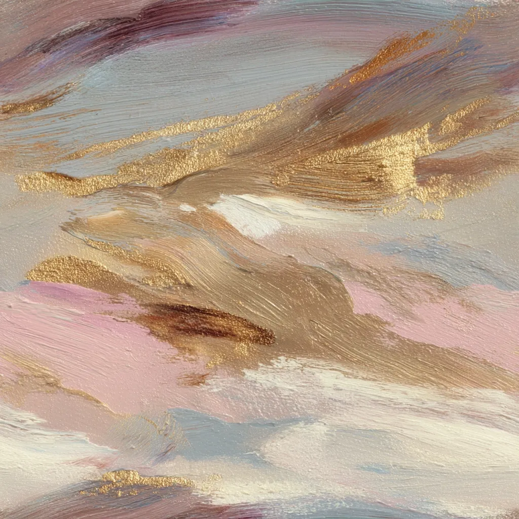 An abstract painting features a blend of soft pastel colors, primarily pinks, creams, and muted blues, interspersed with strokes of gold.  The texture is thick and impasto, showcasing visible brushstrokes that create a sense of movement and depth.  The gold accents add a touch of luxury and shimmer to the overall composition, resulting in a serene and elegant artwork.