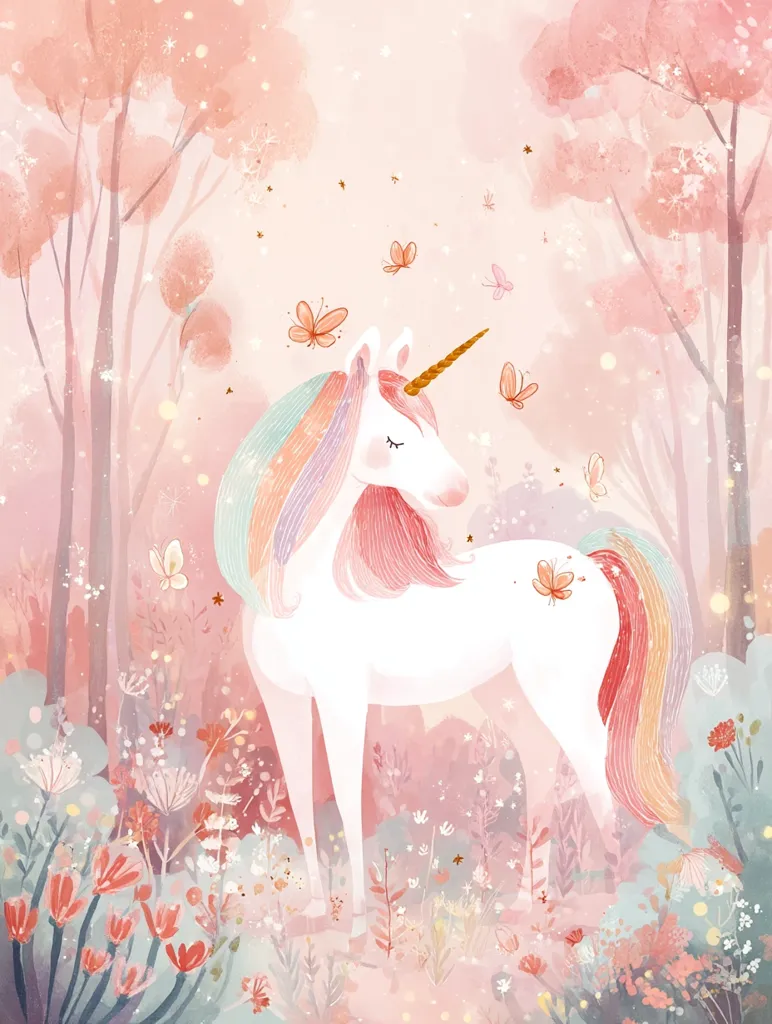 A whimsical illustration depicts a white unicorn with a pastel rainbow mane and tail, standing serenely in a soft pink enchanted forest.  Butterflies flutter amidst delicate flowers and trees, creating a magical, dreamy atmosphere.  The overall style is gentle and evokes a sense of peace and wonder.