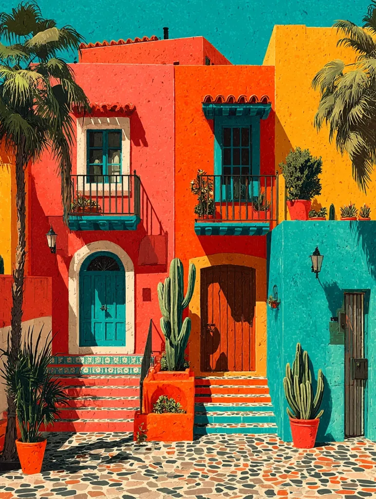 A vibrant illustration depicts a row of colorful houses under a bright sun.  The buildings boast bold hues of orange, yellow, and teal, accented by teal balconies, and turquoise doors.  Palm trees and cacti add to the tropical feel.  Stone steps lead up to the entrances, and potted plants adorn the scene, creating a cheerful, sunny Mediterranean or Southwestern aesthetic.