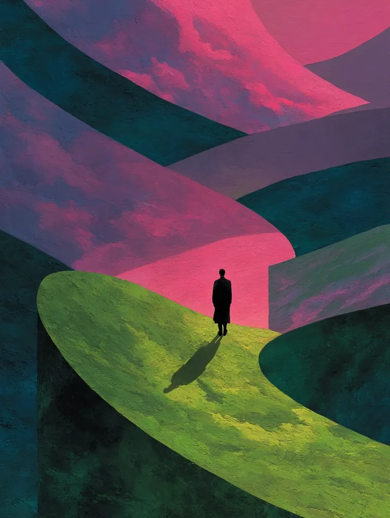 A lone figure in a dark coat stands on a vibrant, curved green hill.  The background is a dramatic landscape of overlapping, abstract forms in shades of deep teal, purple, and pink, resembling stylized hills or clouds under a dramatic sky. The scene evokes a feeling of surrealism and contemplation, with the figure's small size emphasizing the vastness of the environment.  The impasto painting style adds texture and depth.