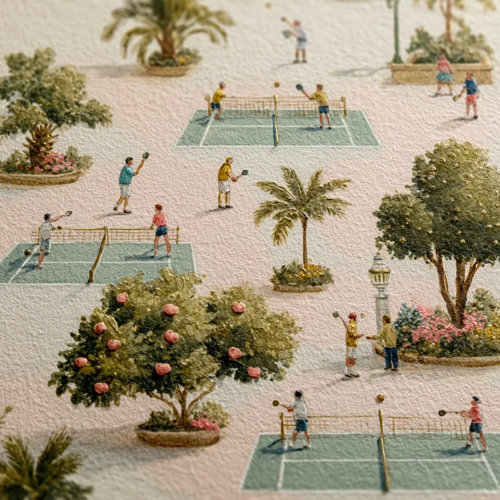 A whimsical painting depicts a vibrant park scene where numerous individuals engage in pickleball matches on meticulously arranged courts. Lush greenery, including palm trees and flowering shrubs, surrounds the courts, adding to the idyllic ambiance.  The miniature figures and detailed rendering of the landscape create a charming and playful atmosphere.  The overall style is reminiscent of a detailed children's book illustration.