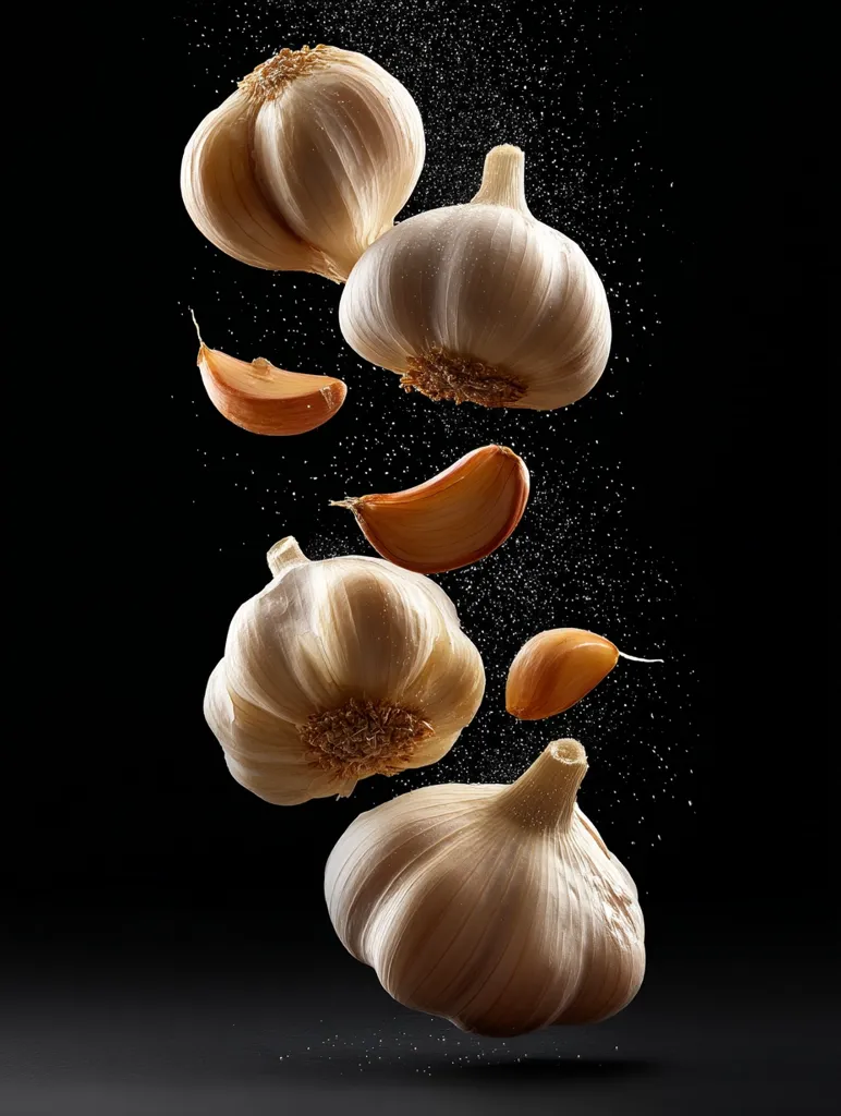 Several garlic bulbs and cloves float against a black background, seemingly suspended in mid-air.  Water droplets or particles surround them, adding to the dynamic effect.  The bulbs are illuminated, showcasing their texture and detail, while the cloves display their warm, earthy tones. The image has a dramatic and visually appealing quality, emphasizing the fresh garlic.