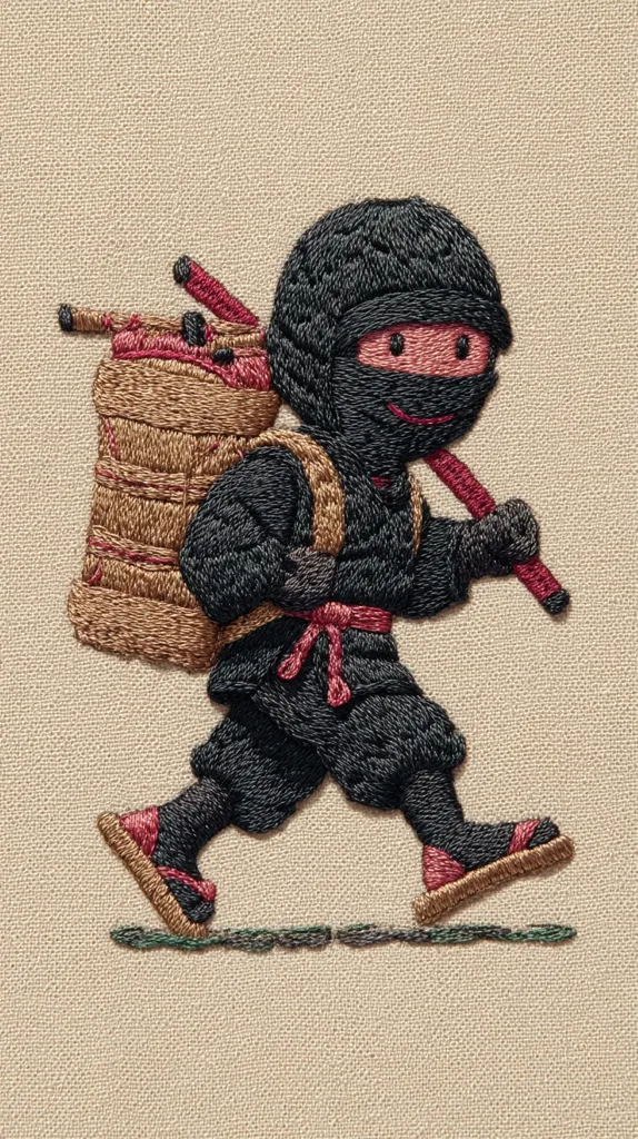 A meticulously embroidered artwork depicts a stylized ninja figure.  The ninja, rendered in dark thread, carries a large woven pack and a staff.  The detail extends to the ninja's sandals and the textured fabric of the pack and clothing.  The overall style is charming and slightly whimsical, with a focus on intricate stitching. The piece is set against a neutral beige background, enhancing the embroidered figure's visual impact.