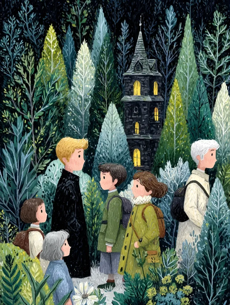 A group of children, accompanied by two adults, walk through a dark forest towards a small, illuminated church. The children carry backpacks, and the scene is painted in a whimsical, slightly muted palette.  The forest is dense with evergreen trees, and the overall atmosphere is serene and mysterious.  The illustration has a fairytale quality.