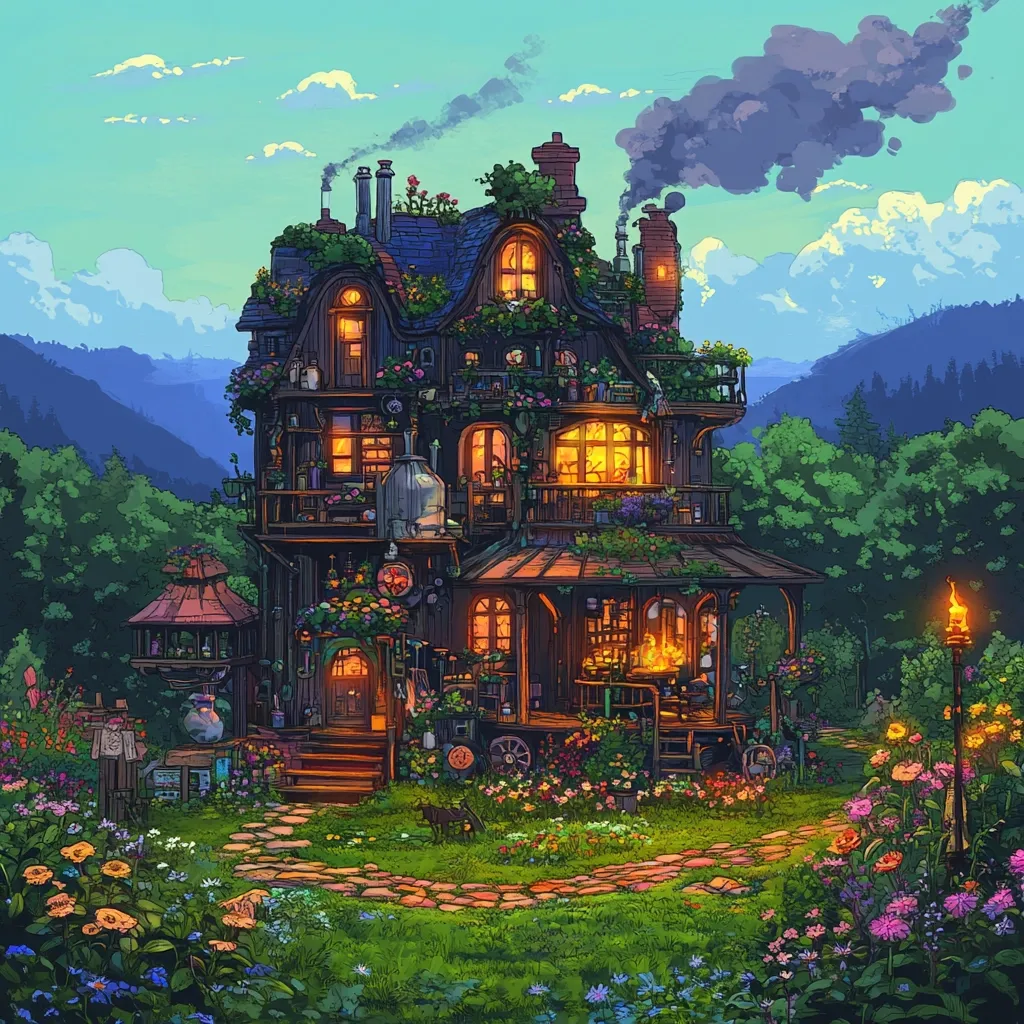 A whimsical, two-story house nestled in a lush, vibrant garden.  The house, brimming with character, features numerous windows glowing warmly, suggesting a cozy interior.  A stone path leads to the front door, surrounded by blooming flowers and greenery.  The setting is idyllic, with a backdrop of rolling hills and a forest under a twilight sky.  A small fire burns on the porch, adding to the enchanting atmosphere.