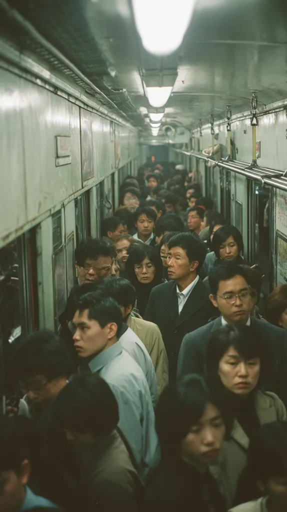 A crowded train carriage is densely packed with passengers.  The dimly lit interior reveals faces pressed together, a sea of heads and shoulders.  The long, narrow corridor of the train stretches into the distance, emphasizing the close proximity of the commuters.  The overall atmosphere is one of quiet intensity and the everyday experience of urban transit.