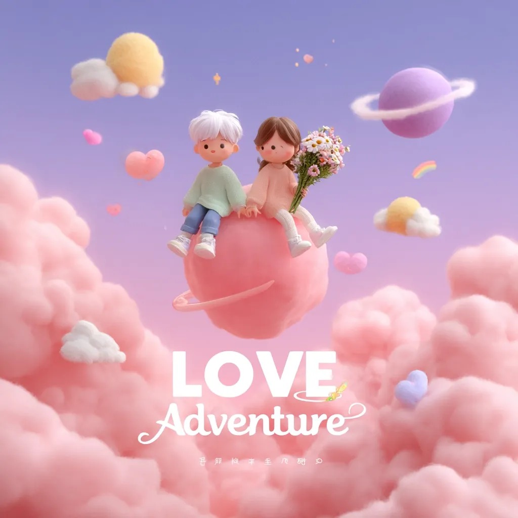 A charming illustration depicts a boy and girl, styled as cute chibi characters, sitting on a pink planet amidst fluffy clouds. They hold a bouquet of flowers, symbolizing love.  Hearts, clouds, and a small planet float around them in a whimsical, pastel-colored sky.  The text "LOVE Adventure" is prominently displayed, emphasizing the romantic and adventurous theme. The overall aesthetic is sweet and dreamy.
