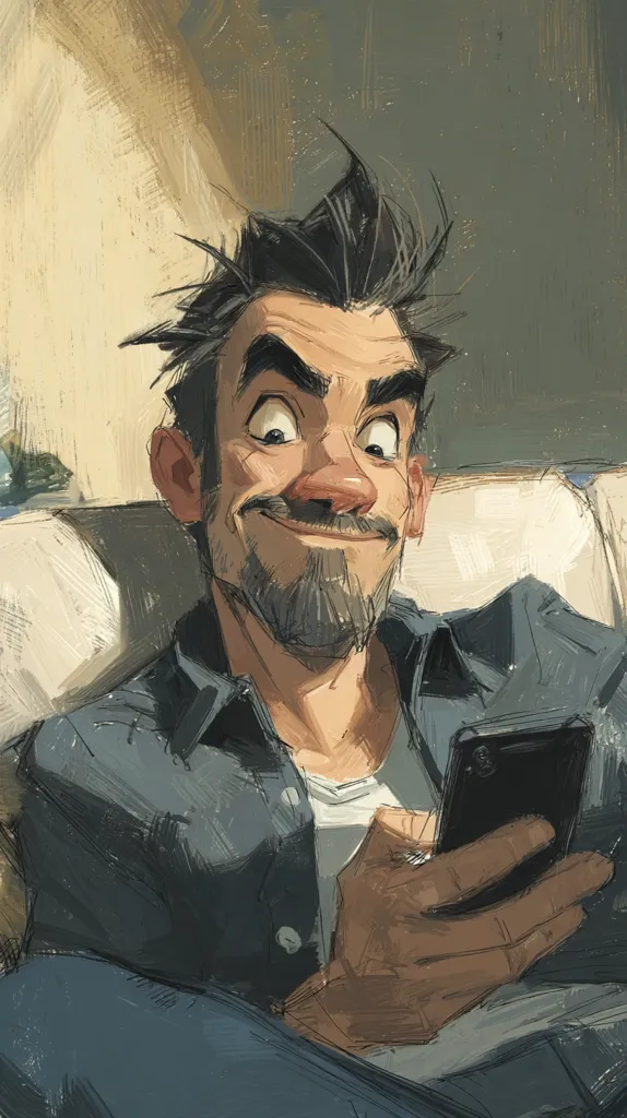 A stylized portrait of a man with dark hair and a goatee, sitting on a couch and looking at his phone. He has a playful smirk on his face, and his expression suggests amusement or intrigue. The painting style is loose and expressive, with visible brushstrokes and a focus on capturing the character's personality. The color palette is muted, with earth tones dominating the scene. The overall mood is relaxed and informal.