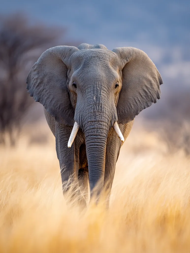 A majestic African elephant strides through tall, golden grass.  Its large ears are spread wide, and its long trunk and ivory tusks are clearly visible. The elephant's gaze is directed straight ahead, creating a powerful and captivating image against a soft, blurred background of muted blues and browns. The scene evokes a sense of wild beauty and the untamed spirit of the African savanna.