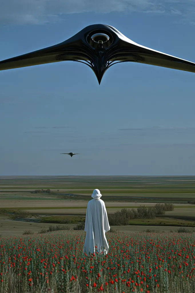 A lone figure in a flowing white robe stands in a field of red poppies under a vast, clear sky.  Above, a large, black, bio-organic shaped aircraft hovers, while a smaller, similar craft flies in the distance. The scene evokes a sense of otherworldly observation and quiet contemplation.  The expansive landscape suggests a remote and perhaps alien environment.