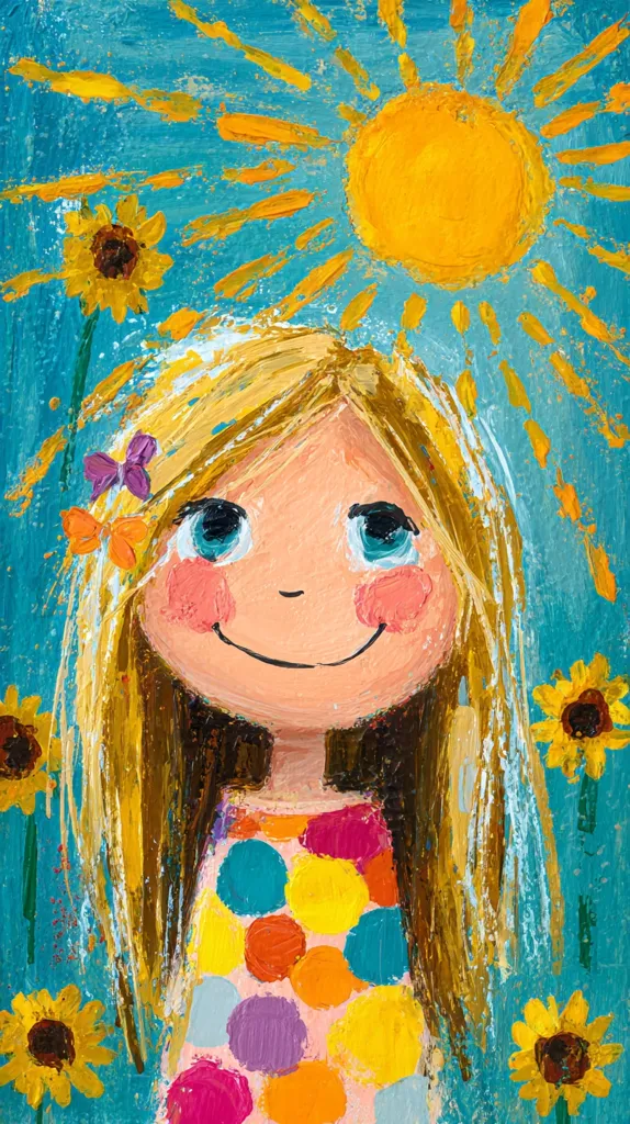 A joyful painting depicts a girl with long blonde hair, adorned with flowers, wearing a colorful polka-dotted dress.  She gazes upward towards a bright, stylized sun radiating golden rays against a teal sky. Sunflowers flank her, adding to the sunny, cheerful ambiance of the artwork, rendered in a vibrant, expressive style.