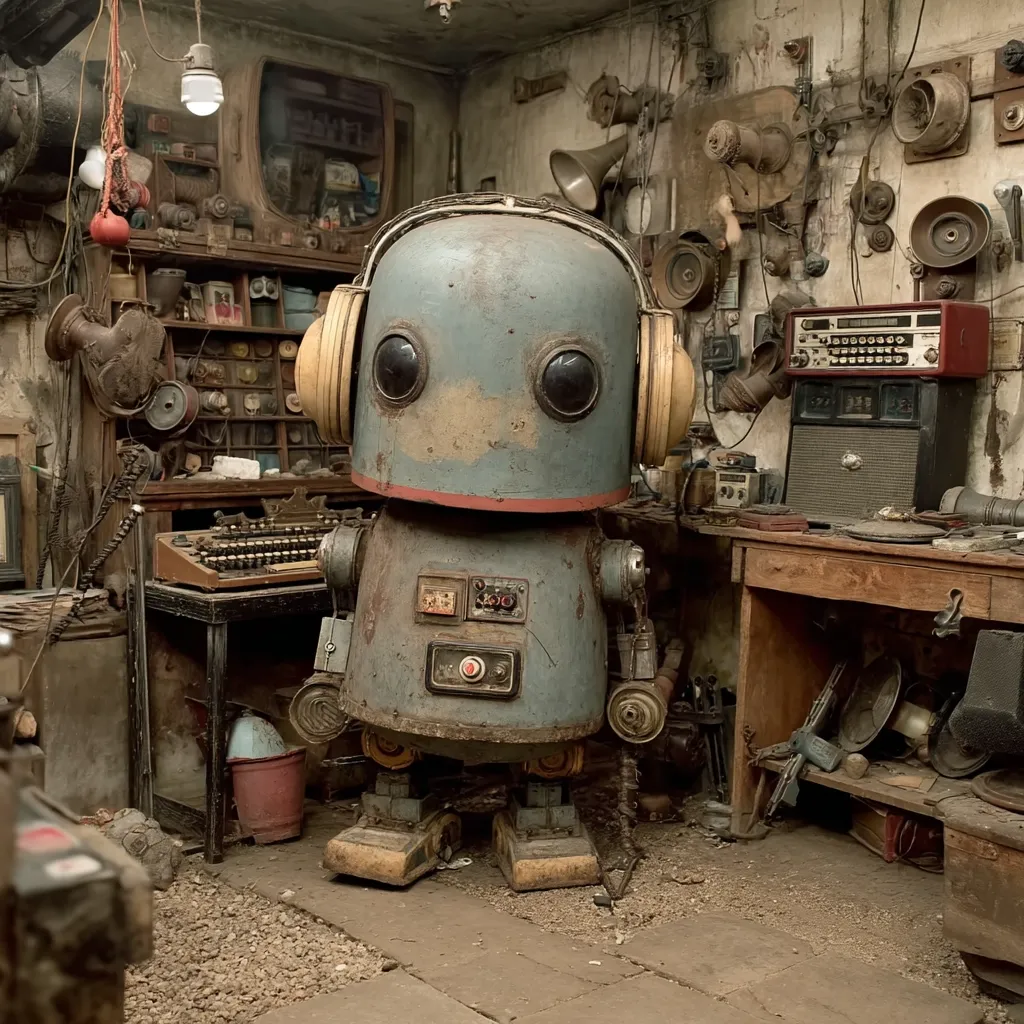 A weathered, childlike robot stands in a cluttered workshop.  The robot, with large headphones and a distressed metallic body, is surrounded by vintage tools, machinery, and electronic components.  The workshop walls are lined with various devices, creating a scene of nostalgic industrial charm. The overall atmosphere is one of aged craftsmanship and whimsical invention.