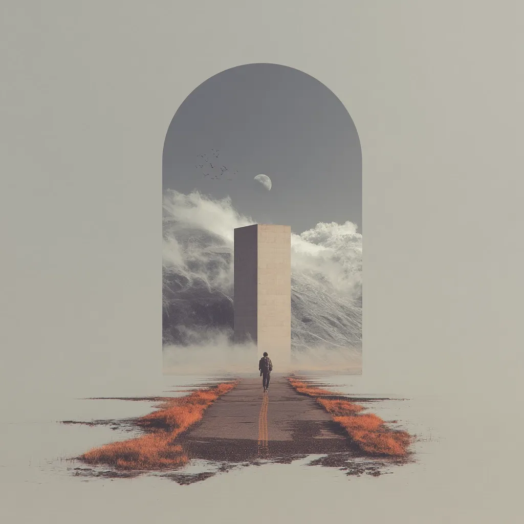 A solitary figure walks a path leading to a tall, rectangular structure.  The scene is framed by an arched doorway, revealing a surreal landscape of misty mountains and a crescent moon. The overall mood is serene yet mysterious, suggesting a journey into the unknown. The muted color palette enhances the dreamlike quality of the image.