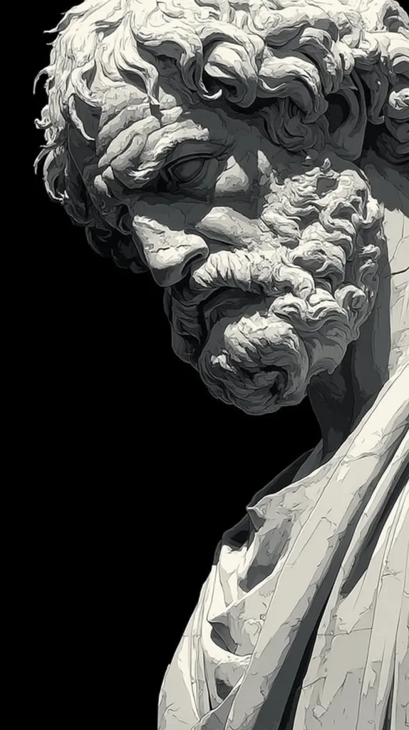 A close-up, black and white image showcases a meticulously detailed bust of a classical male figure.  The statue's weathered features, including deeply etched wrinkles and a thick, flowing beard, suggest age and wisdom.  The draped fabric of the garment adds to the sense of antiquity and gravitas, set against a stark black background that emphasizes the sculpture's texture and form. The lighting highlights the intricate detail of the carving.