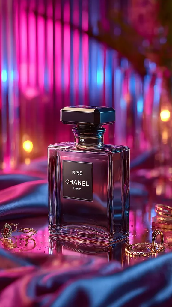 A bottle of Chanel No. 5 perfume takes center stage against a backdrop of vibrant pink and blue lights.  The luxurious fragrance is displayed on a shimmering surface, adorned with gold jewelry. The image's rich colors and reflective surfaces create a glamorous and alluring atmosphere.  The scene exudes sophistication and elegance, highlighting the timeless appeal of the iconic perfume.