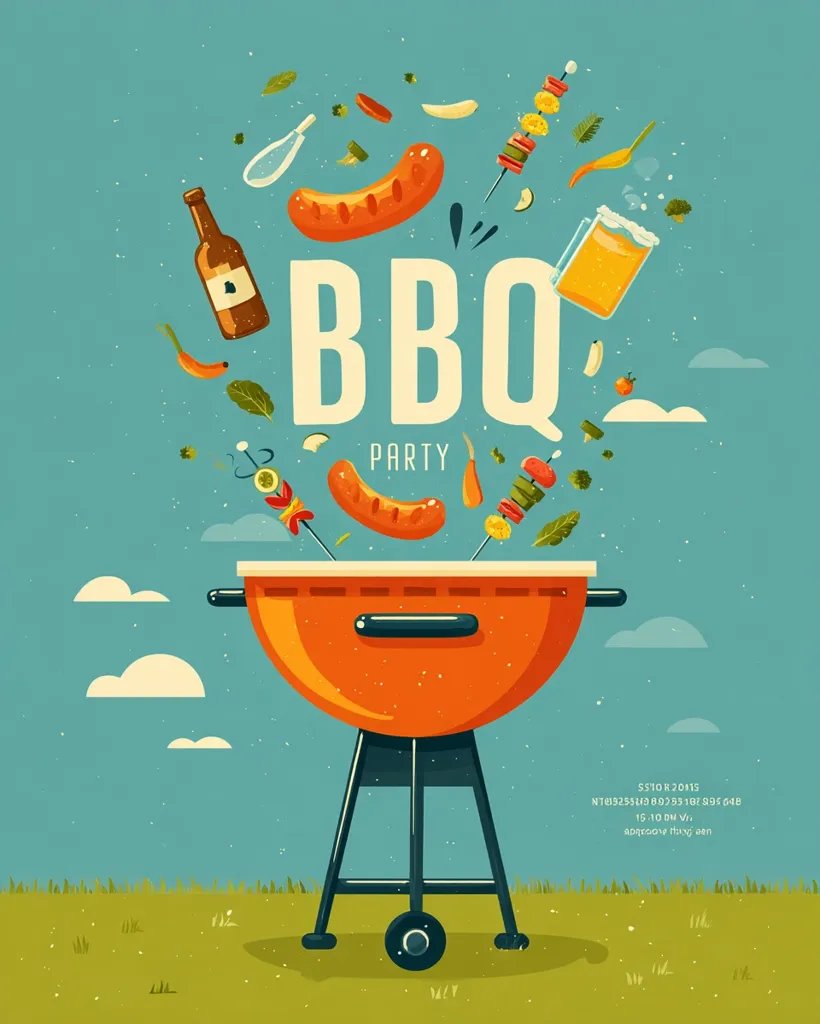 A vibrant illustration announces a BBQ party.  An orange grill sits center stage in a grassy field under a bright blue sky.  Various BBQ foods, including sausages, kebabs, and vegetables, playfully float around the grill, alongside a beer and bottle. The words "BBQ Party" are prominently displayed.  The design is cheerful and retro-styled, perfect for a summer gathering invitation.