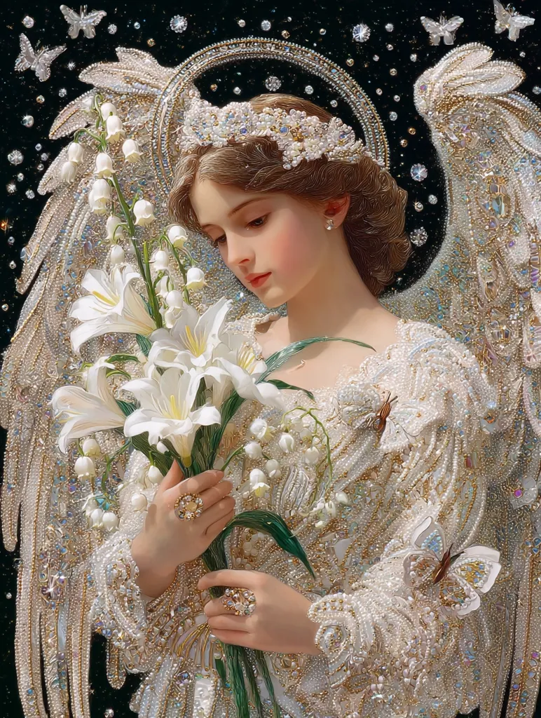 A beautiful angel, adorned in a shimmering, pearl-encrusted gown and a jeweled crown, holds a bouquet of lilies of the valley and white lilies.  Her wings are exquisitely detailed, and delicate butterflies flutter around her. The background is a dark, starry night, creating a celestial and ethereal atmosphere.  The image is rich in texture and detail, suggesting a painstakingly crafted artwork.