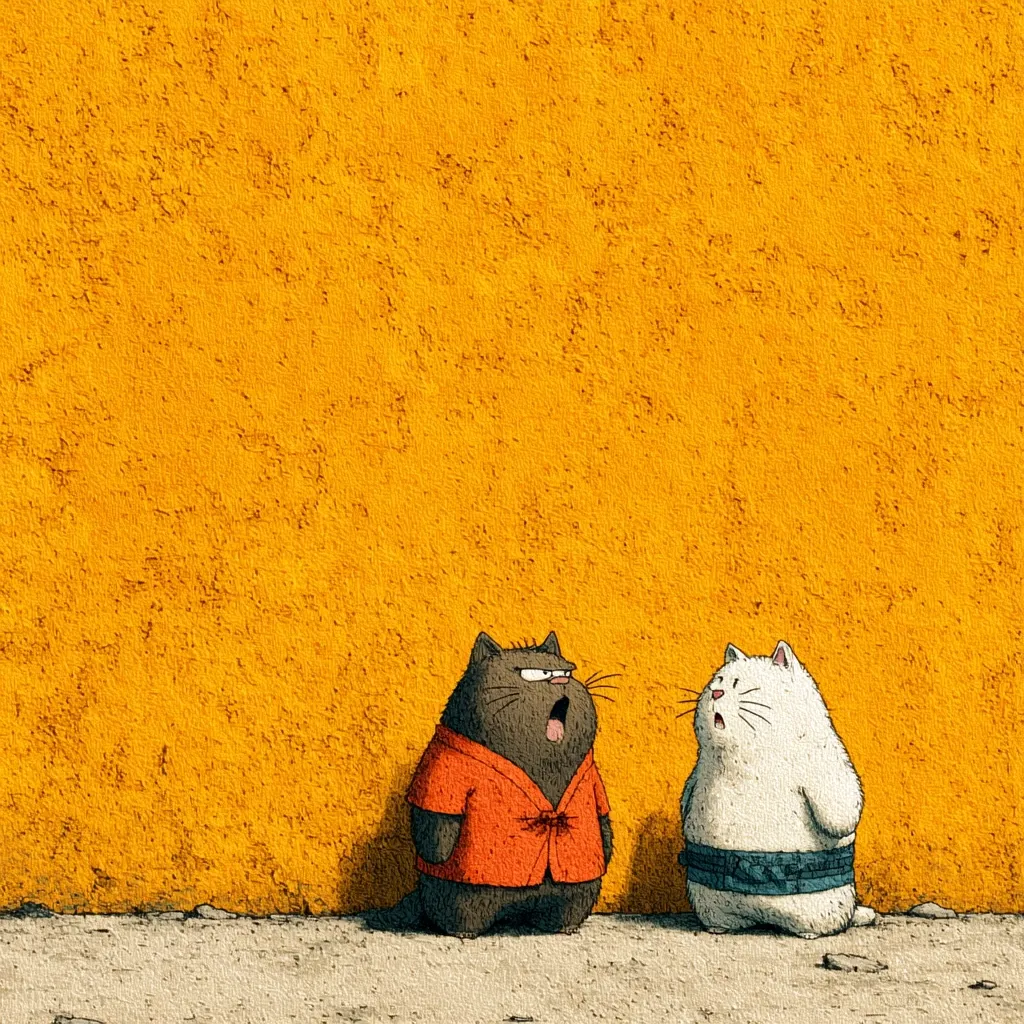 Two anthropomorphic cats stand before a textured yellow wall.  The darker cat, wearing a red robe, appears annoyed, its mouth open.  The white cat, dressed in a dark blue sumo-style belt, looks surprised or concerned.  The scene is simple yet expressive, suggesting a brief moment of interaction between the two felines. The style is reminiscent of children's book illustration.