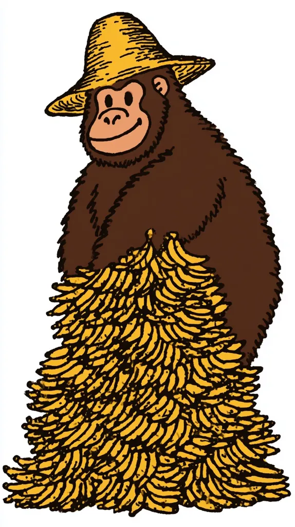 A cartoon gorilla, wearing a straw hat, is depicted carrying a massive pile of bananas.  The gorilla's expression is jovial, and the bananas are densely packed, suggesting a bountiful harvest. The style is simple, reminiscent of a children's book illustration, with bold outlines and flat coloring. The image is set against a plain white background.