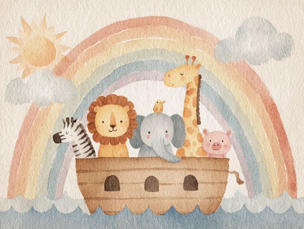 A watercolor painting depicts a whimsical scene of animals on a boat under a rainbow.  A lion, zebra, elephant, giraffe, and pig are aboard a simple ark-like vessel, sailing on gentle waves.  A cheerful sun and clouds complete the pastel-toned illustration, evoking a sense of childlike wonder and serenity.