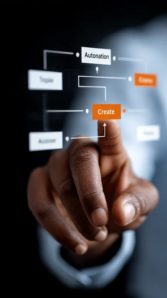 A dark-skinned hand interacts with a transparent digital interface, selecting the "Create" option within a flowchart.  The chart depicts a process involving automation and other stages. The image suggests digital workflow management or process creation using innovative technology.  The focus is on the hand and the "Create" button, highlighting the act of initiating a process.