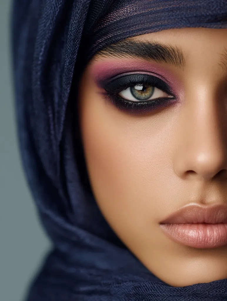 Close-up of a woman's face partially covered by a dark blue hijab.  Her makeup features dramatic smoky eyes with a deep purple and pink eyeshadow, highlighted by her striking green eyes.  The image focuses on her intense gaze and meticulously applied makeup, emphasizing her beauty and features. The overall mood is sophisticated and elegant.