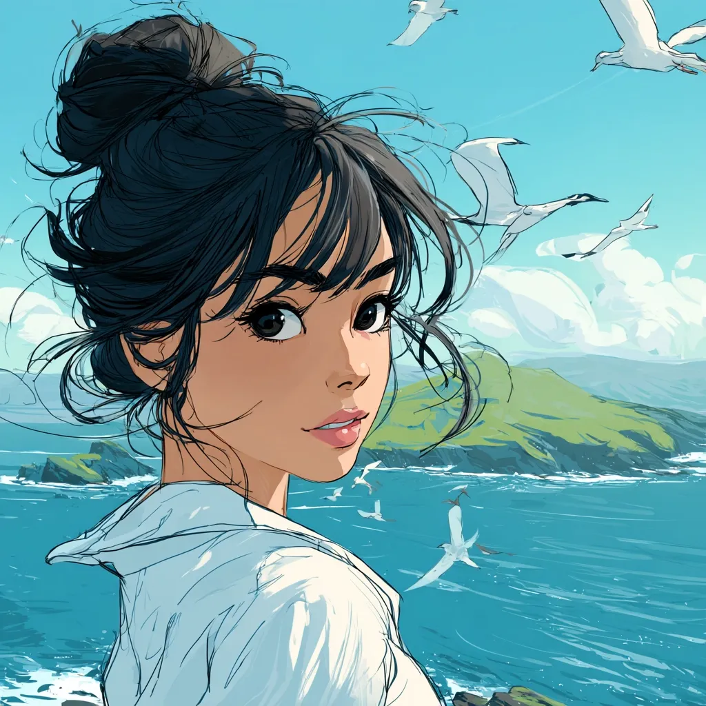 A stylized illustration depicts a young woman with dark hair in a bun, gazing over a tranquil ocean scene.  She wears a light-colored shirt, her expression serene.  Numerous birds fly freely in the bright, clear sky above a picturesque coastline. The overall style is anime-influenced, with soft lines and vibrant colors. The image evokes a sense of peace and freedom.